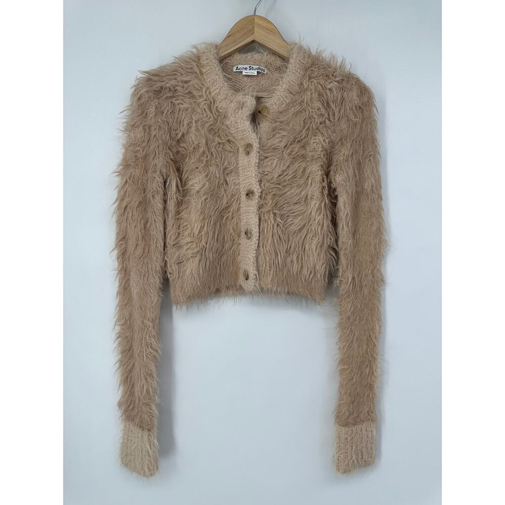 ACNE STUDIOS Kradi Textured Cardigan Faux Fur Chunky Knit Cropped Sweater Tan - Picture 5 of 16